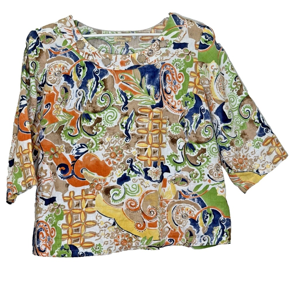 Choices Pullover Top Womens Sz 2X Multicolor Mixed Print 3/4 Sleeve 100%‎ Linen